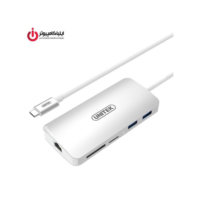 هاب USB3.1 Type-C با قابلیت تبدیل دیتا LAN و تصویر HDMI و کارت خوان برند یونیتک مدل Y-9115
