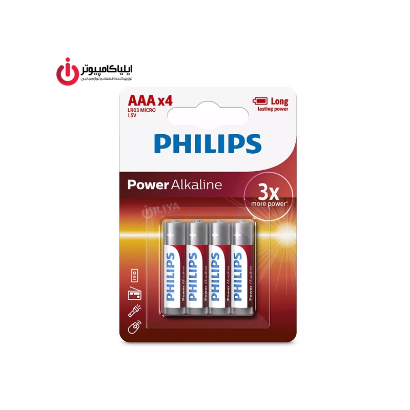 باتری نیم قلمی Alkaline فیلیپس مدل LR03P4B/97 سری Power بسته 4 عددی